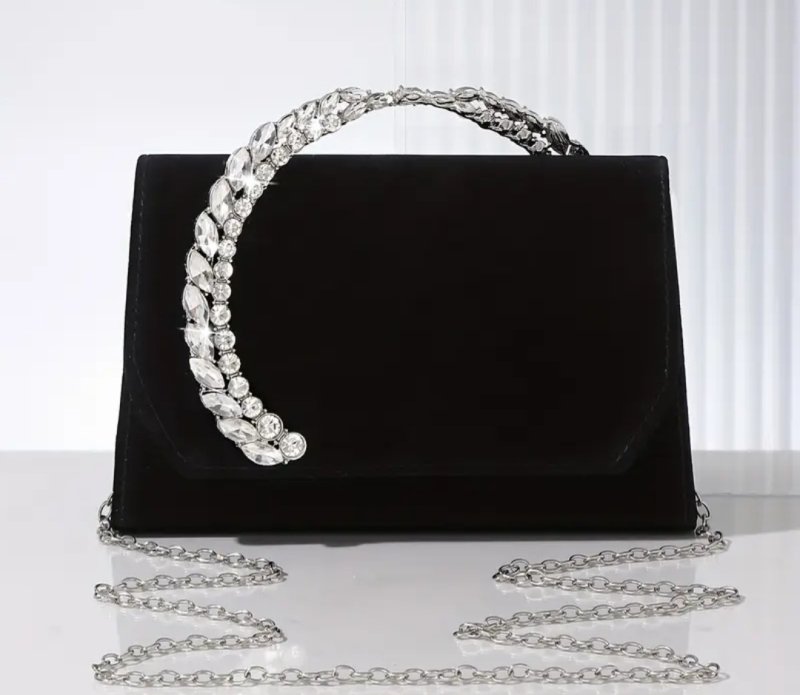 Вечерна черна чанта с камъни