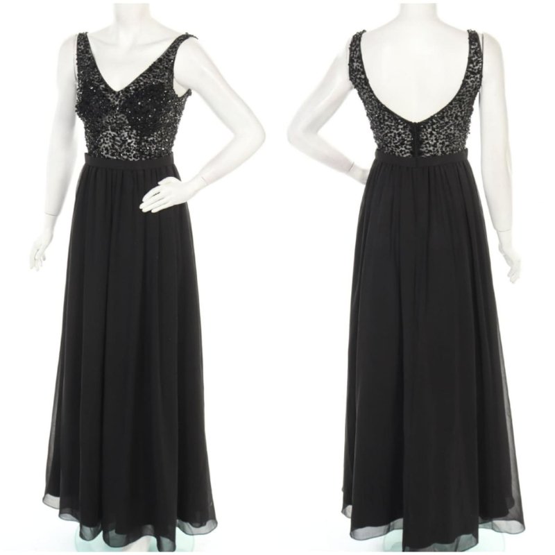 Дълга разкроена рокля с нашити камъни в черно