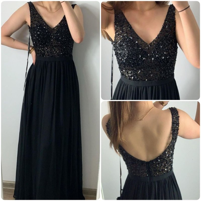 Дълга разкроена рокля с нашити камъни в черно