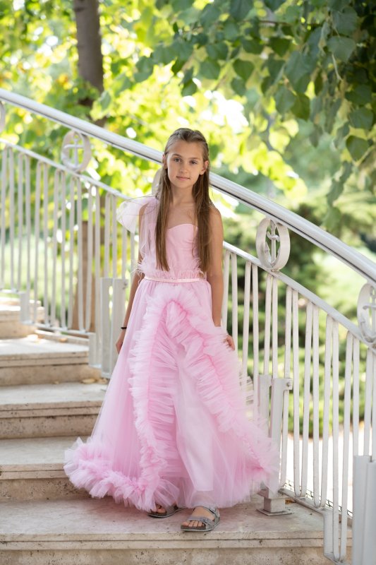 Комплект детска и дамска рокля в розово с пера