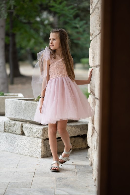 Комплект рокли за майка и дъщеря от кадифе с пайети в пудра