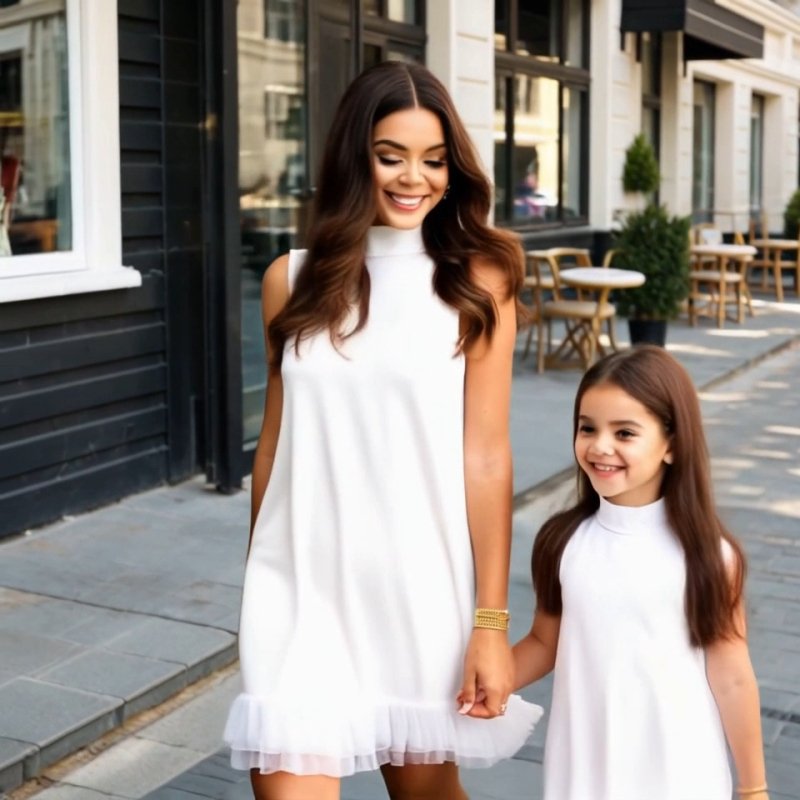 Комплект еднакви бели рокли за майка и дъщеря с воланчета