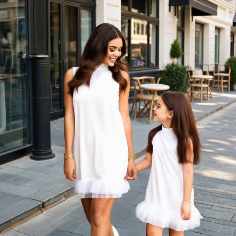 Комплект еднакви бели рокли за майка и дъщеря с воланчета