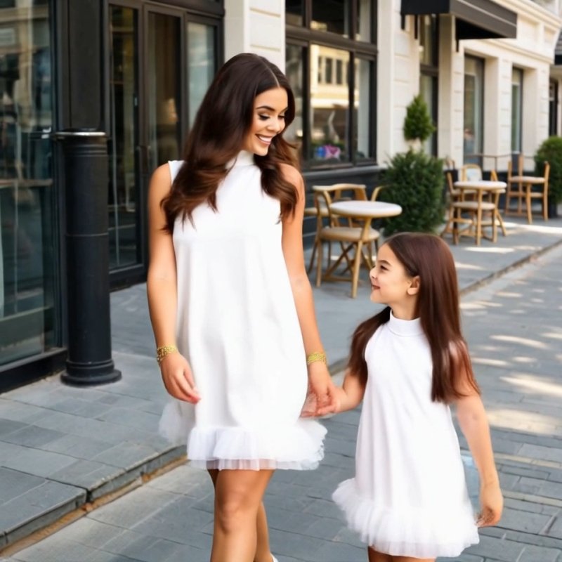 Комплект еднакви бели рокли за майка и дъщеря с воланчета