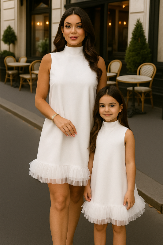 Комплект еднакви бели рокли за майка и дъщеря с воланчета