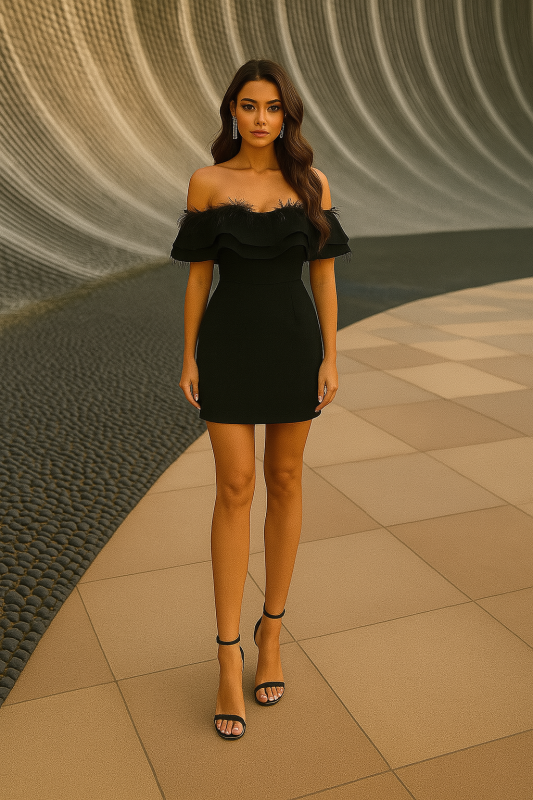 Къса вталена черна рокля с волани и пера