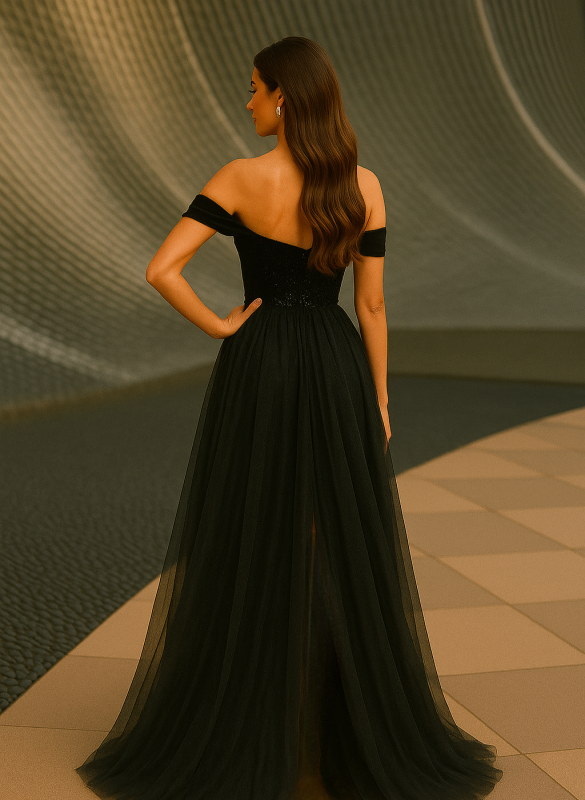 Дълга официална разкроена рокля с тюл 