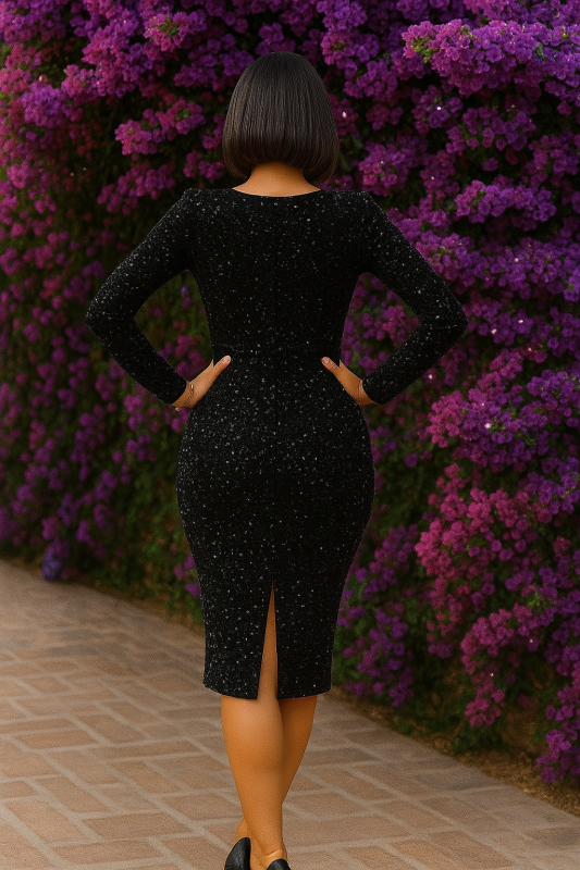 Официална рокля с дълъг ръкав от кадифе с пайети в черно