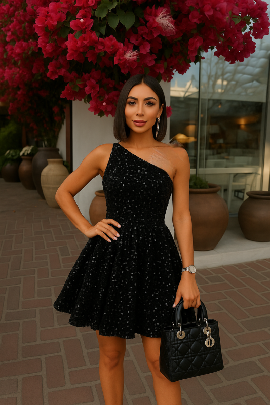 Къса разкроена рокля от кадифе с пайети 