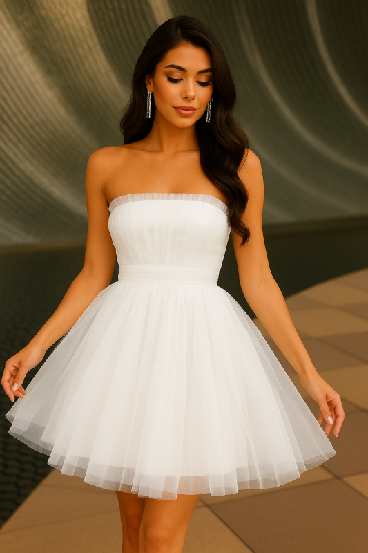 Бяла къса рокля тип бюстие с тюл 