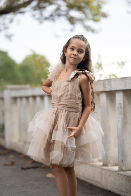 Детска рокля от бежов тюл с перца