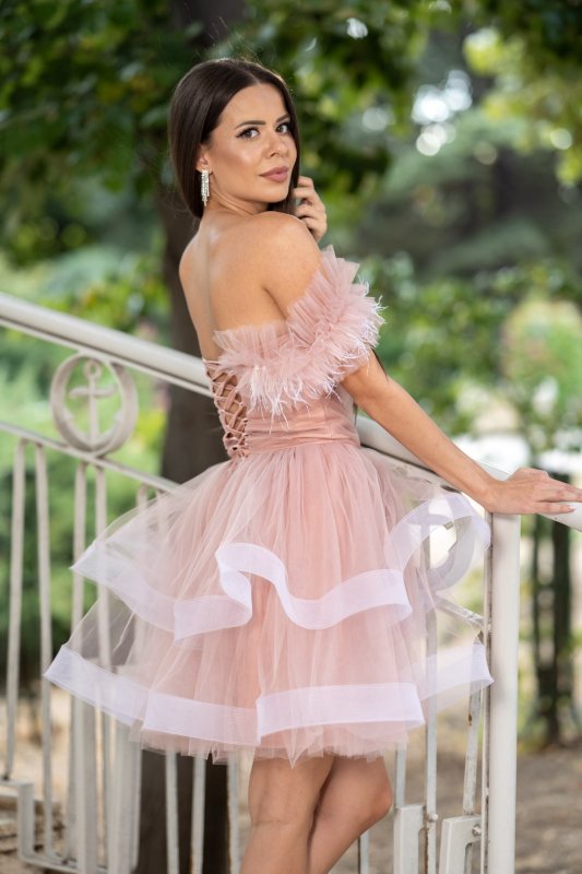 Къса розова тюлена рокля с пера и корсетен гръб