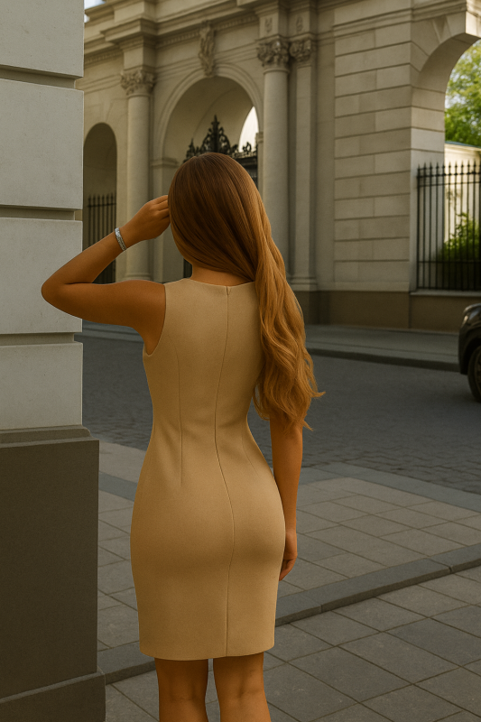 Къса бежова рокля с панделки