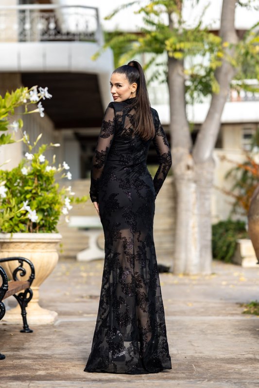 Черна официална рокля 2 в 1 с флорална дантела и блясък